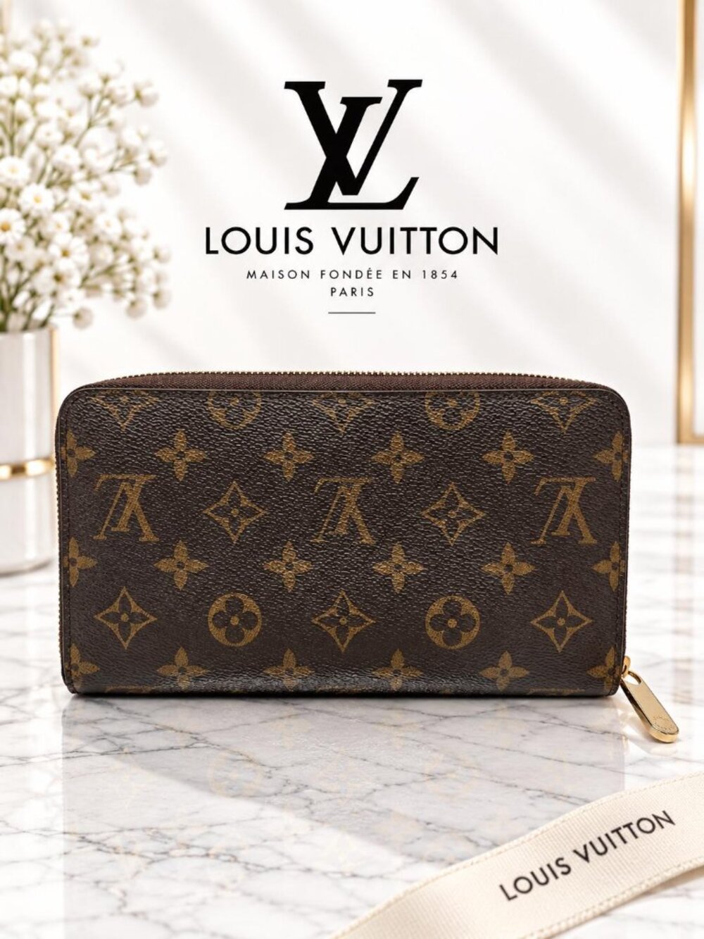 Authentic Louis Vuitton Monogram Canvas Zippy Zip Around Long Wallet Brown LV